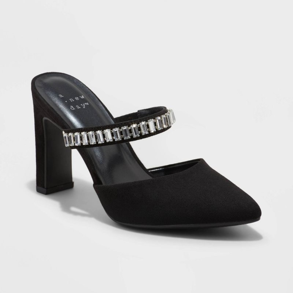 NWT Target A New Day Jaz Slip-On Mule Pumps 1.75” Block Heel Crystals Black Sz 7